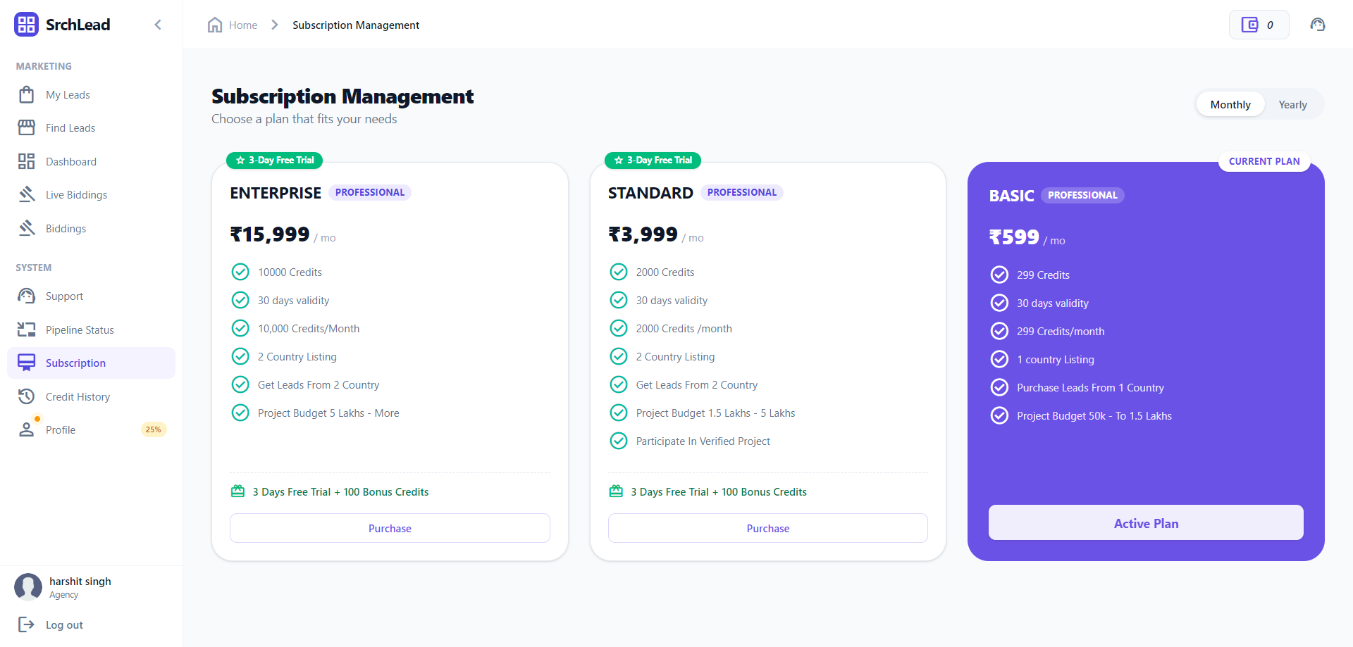 Subscription plans and wallet