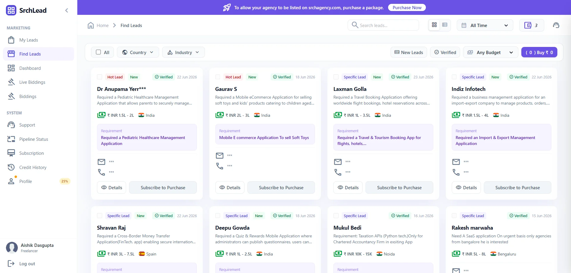 Find leads marketplace with requirement-tagged cards