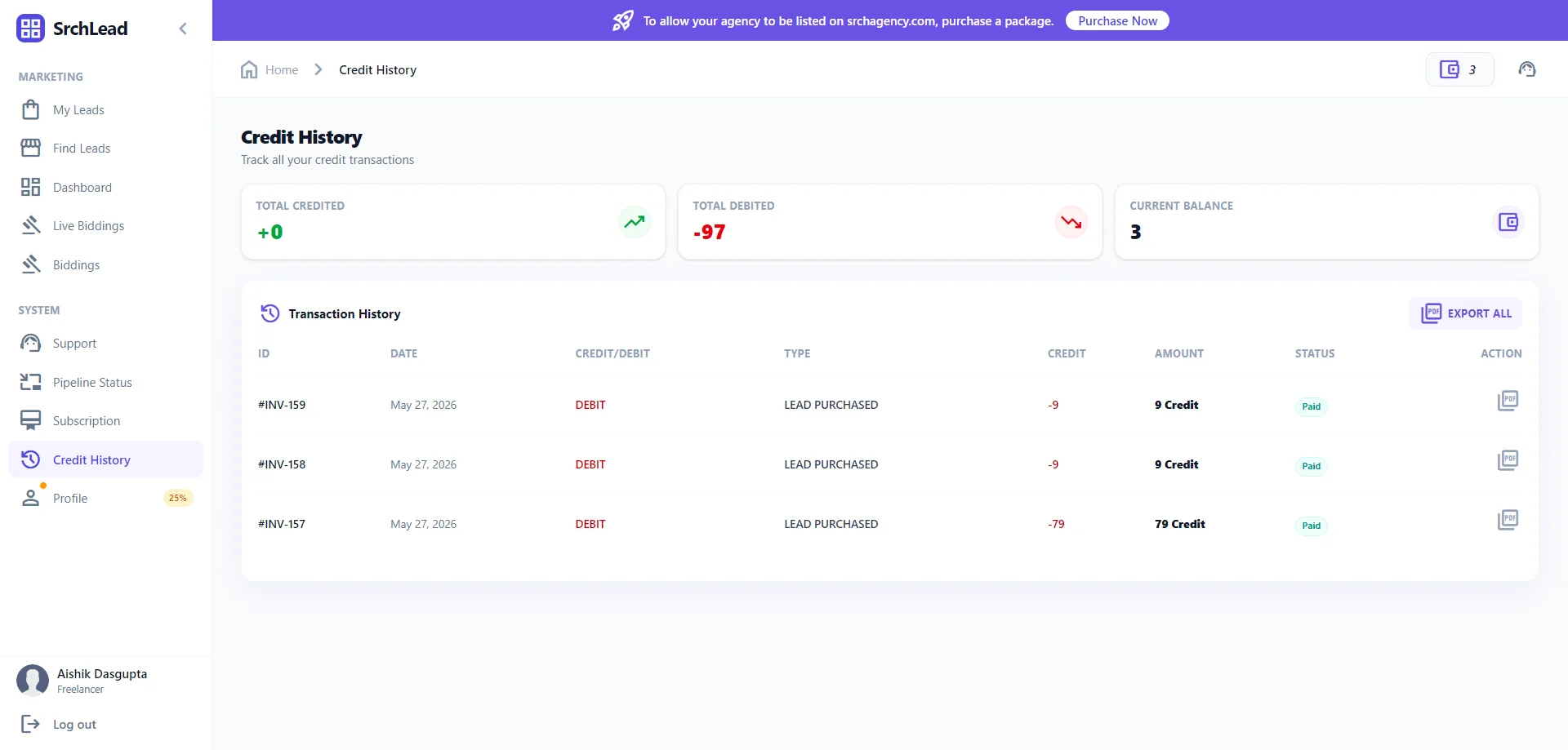 Credit history and transaction log